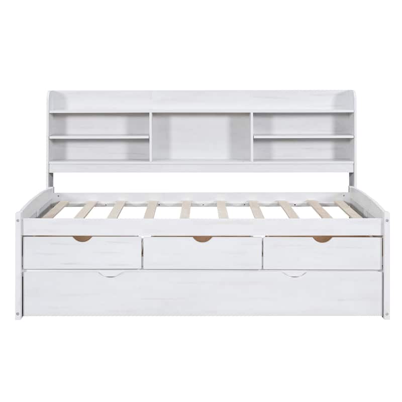 Twin Wooden Captain Platform Bed with Bookshelves & Trundle