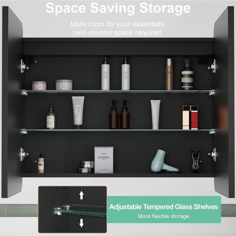 Milo LED Iron Medicine Cabinet with Mirror, Dimmable, Anti-fog, Adjustable Glass Shelves, Recessed or Surface Mount