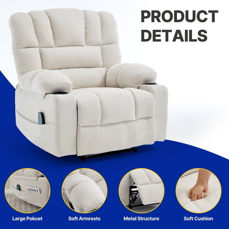 Massage Recliner Chair, Breathable Fabric Ergonomic Single Sofa Chair with Heat and Vibration and Cup Holders & Side Pockets