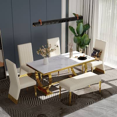 Luxury White and Gold Dining Room Table Set