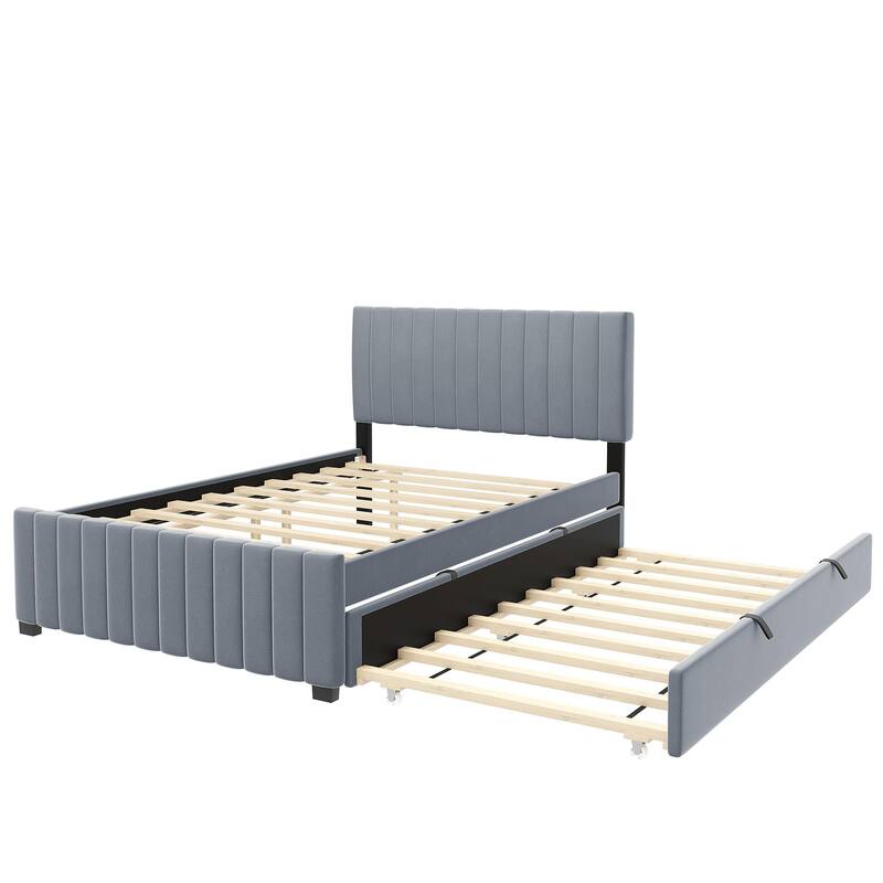 Twin Platform Bed with Trundle, Velvet Upholstered Bed Frame with Headboard, Wooden Twin for Bedroom