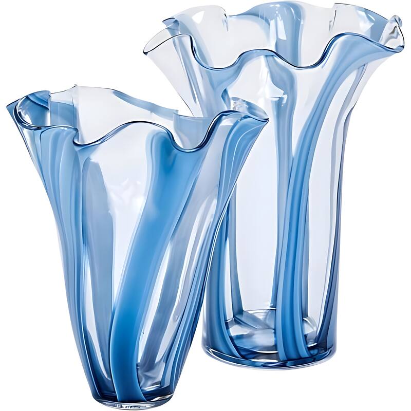 Blue Striped Handblown Glass Set of Two Scalloped Edge Vases - Blue