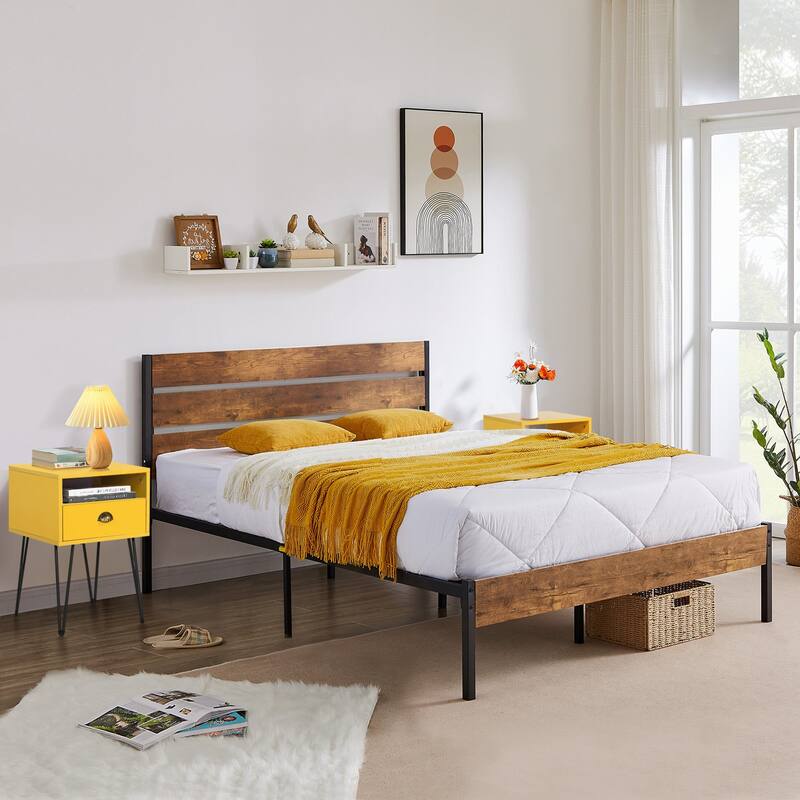 3-Pieces Bedroom Set with Rustic Brown Platform Bed Frame and Nightstands Set of 2