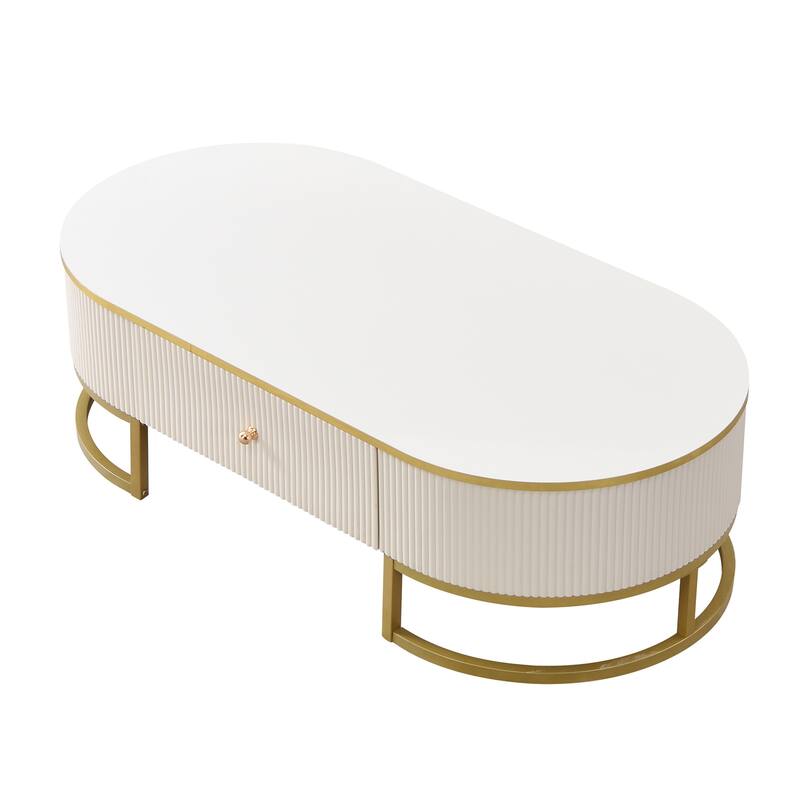 Sleek Oval Coffee Table, White MDF Top with Gold Lacquer Base, Storage Drawers, 47.2"