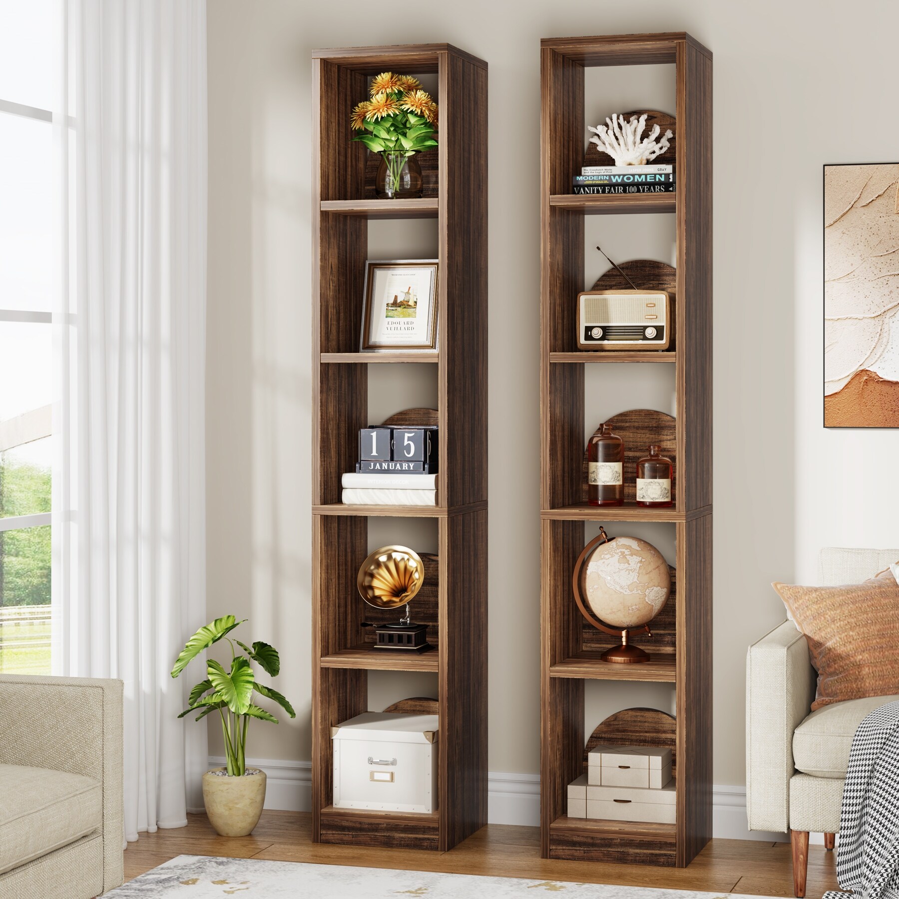 YNWAブック 5-Tier Narrow Bookcase, Wood Bookshelf Display Shelf, Industrial