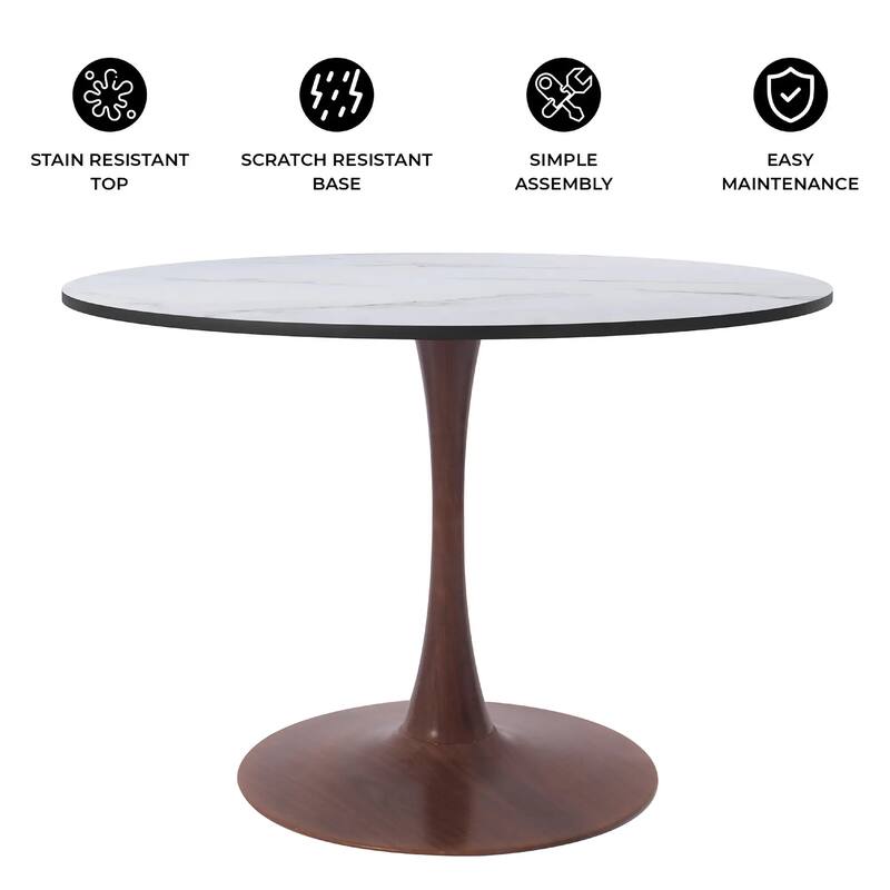 Bristol 35" Round Dining Table with MDF Top and Walnut Steel Pedestal Base for Modern Kitchen and Dining Room