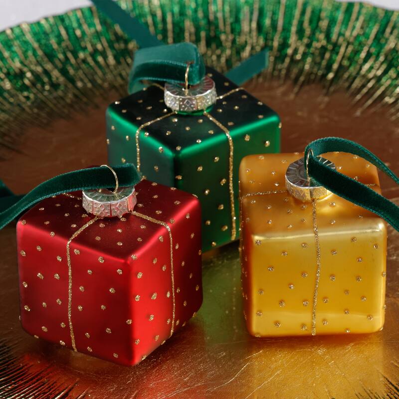 Glass Gift Box Holiday Ornaments, 12 Hanging Pieces (4 Sets of 3)