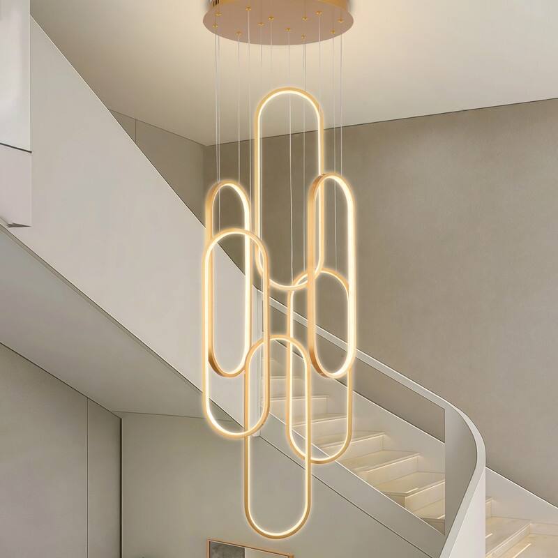 6 Rings Modern Chandelier Dimmable LED Living Room Foyer Chandelier Lighting Fixture High Ceiling Pendant Light Fixture - Gold - 23.62in