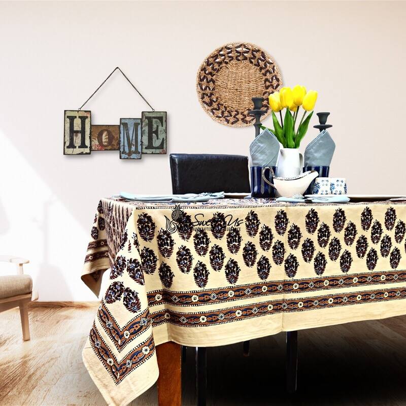 Earthy Spiral Floral Block Print Cotton Tablecloth Collection