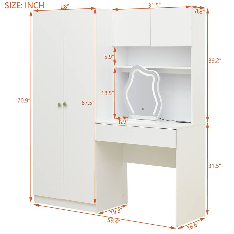 2-Door Wooden Storage Vanity Wardrobe for Bedroom with Makeup Mirror and Drawers
