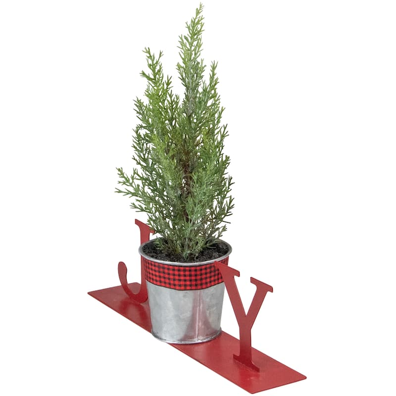 10" Red "JOY" Potted Faux Pine Metal Planter Christmas Tabletop Plaque
