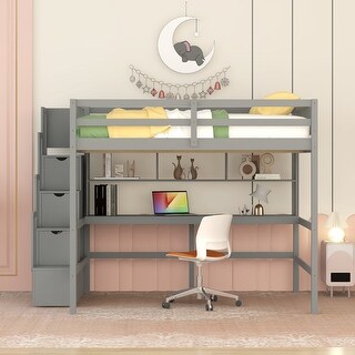 Full Size High Loft Storage Bed with Desk, shelves&Storage Staircase