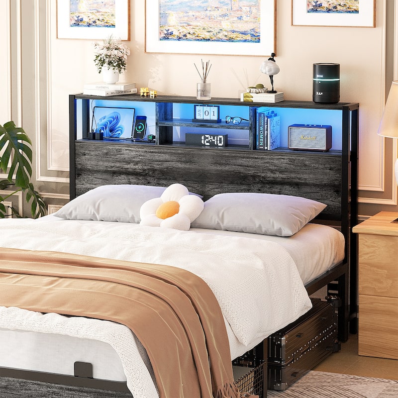 Headboard with Storage and Charge Station, Platform Bed Heaboard with LED Lights - Grey Oak - Full