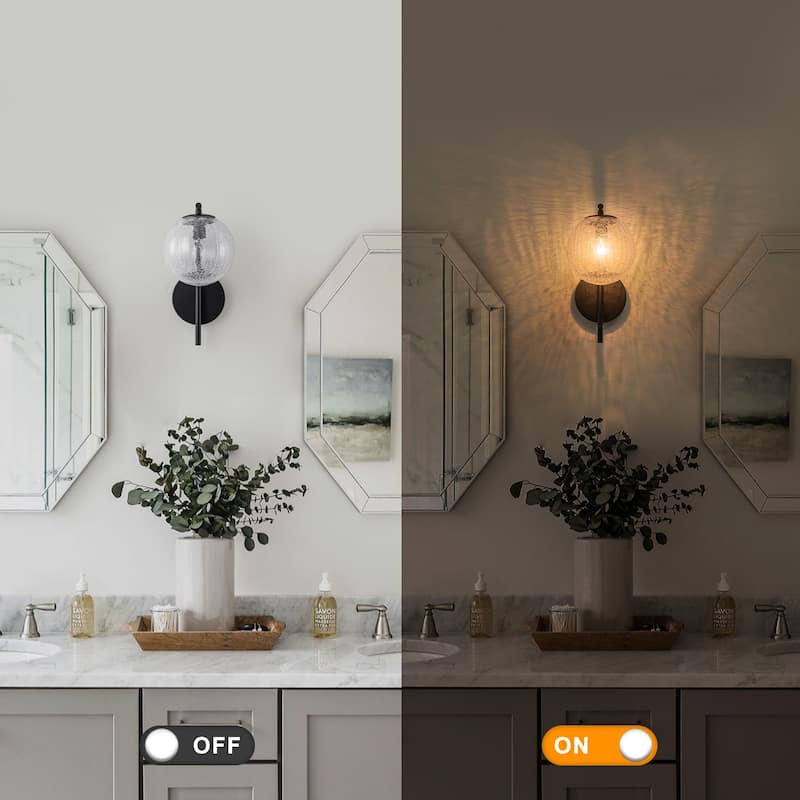 Modern Matte Black Metal Wall Sconce Round Clear Cracked Glass Shade