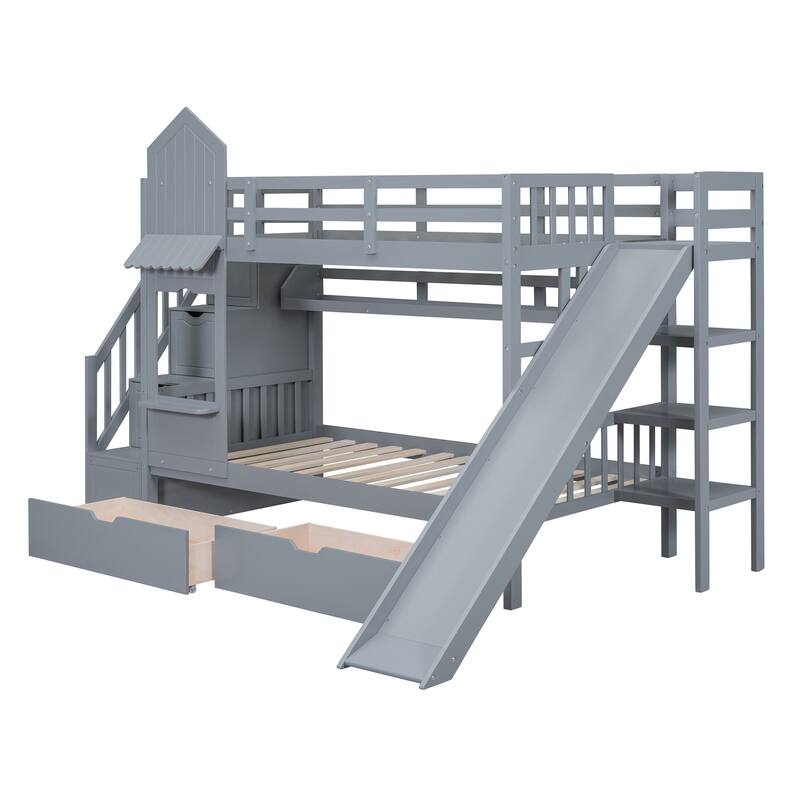 Roomfitters Twin Over Twin Castle Bunk Bed with Slide and Storage Stairs, Playhouse Design