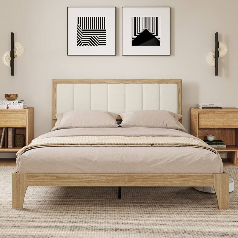 HOMCOM Queen Size Bed Frame with Upholstered Headboard, Platform Bed Frame with Wooden Slats, No Box Spring Needed - Oak