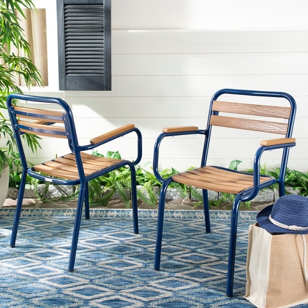 Safavieh Outdoor Living Rayton Chair - Brown / Navy (Set of 2) - 21.7"x23.2"x33". Opens flyout.
