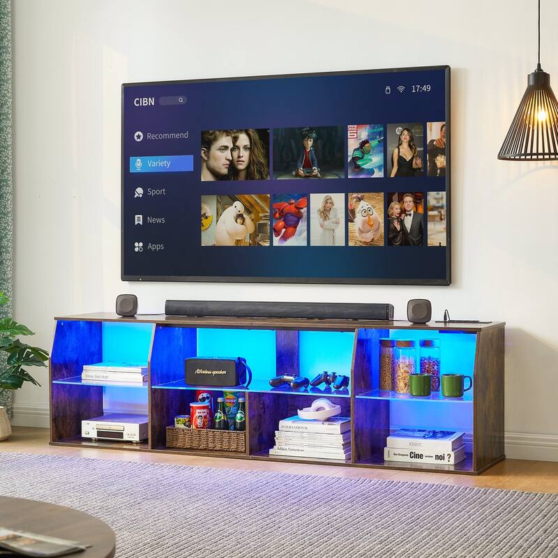 Gaming Entertainment Center with Power Outlet & 23 Dynamic RGB Modes, Led TV Stand with for 55+ Inch TV, Game Console - 63 inches in width - Brown