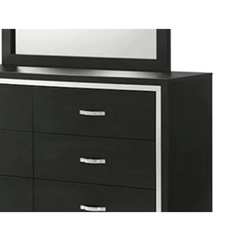 Geny 2pc Dresser and Mirror Set, 6 Drawers, Silver Trim, Black Wood