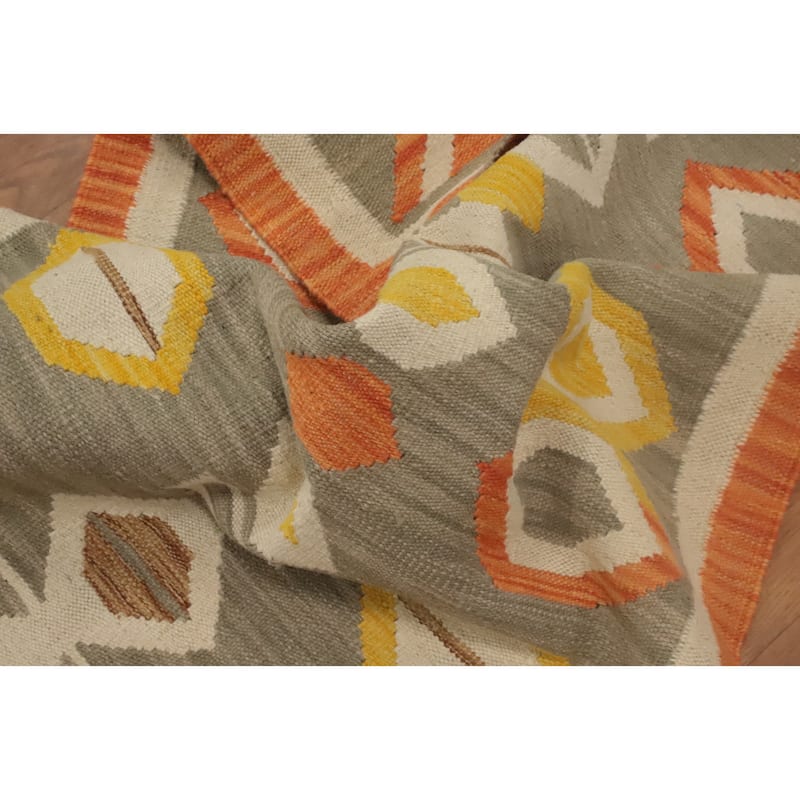 Hand Woven Oriental 100% Wool Carpet Southwestern Tribal Greys & Charcoal Kilim Runner Rug - 11' 6'' X 2' 8''