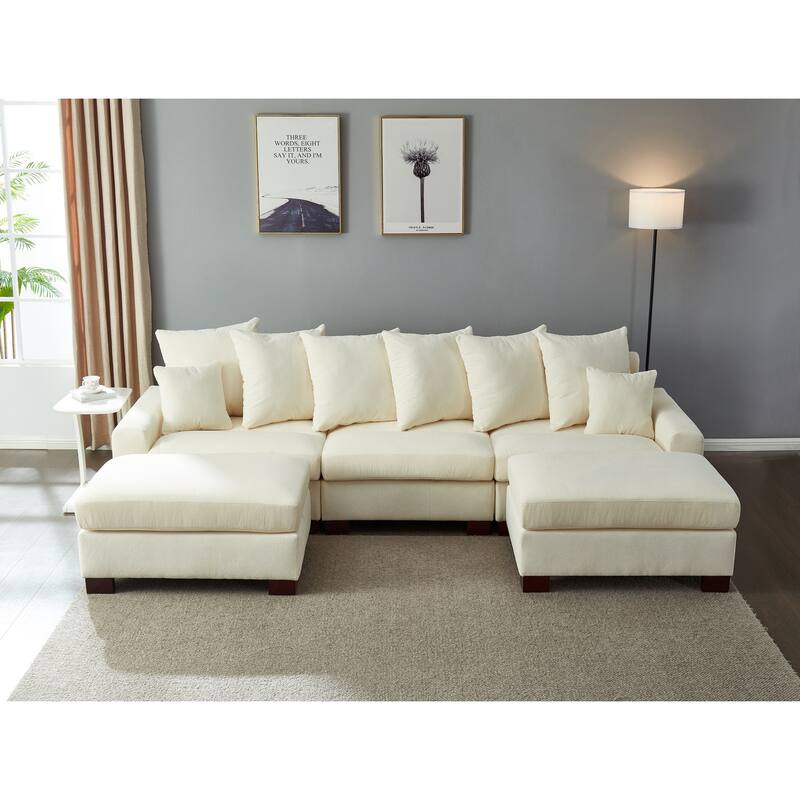 5 Seater Convertible L & U Shaped Corduroy Sofa, Beige, 116x65x35 inches, 253 pounds