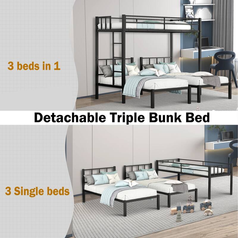 Convertible Triple Twin Bunk Bed with Separates into 3 Individual Twin Beds, and Metal Frame