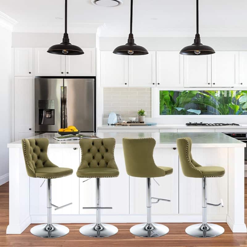Velvet Upholstered Nailheads Tufted Swivel Bar Stools (Set of 6) - OliveGreen SliverBase Set of 4