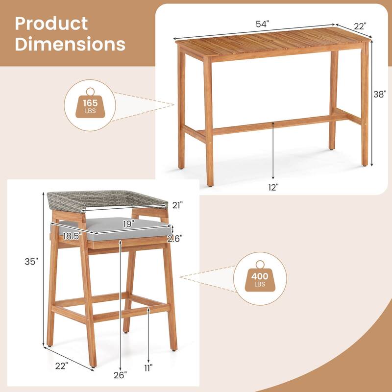 Costway 3 PCS Patio Counter Height Bar Set with 2 Cushioned Barstools - See Details