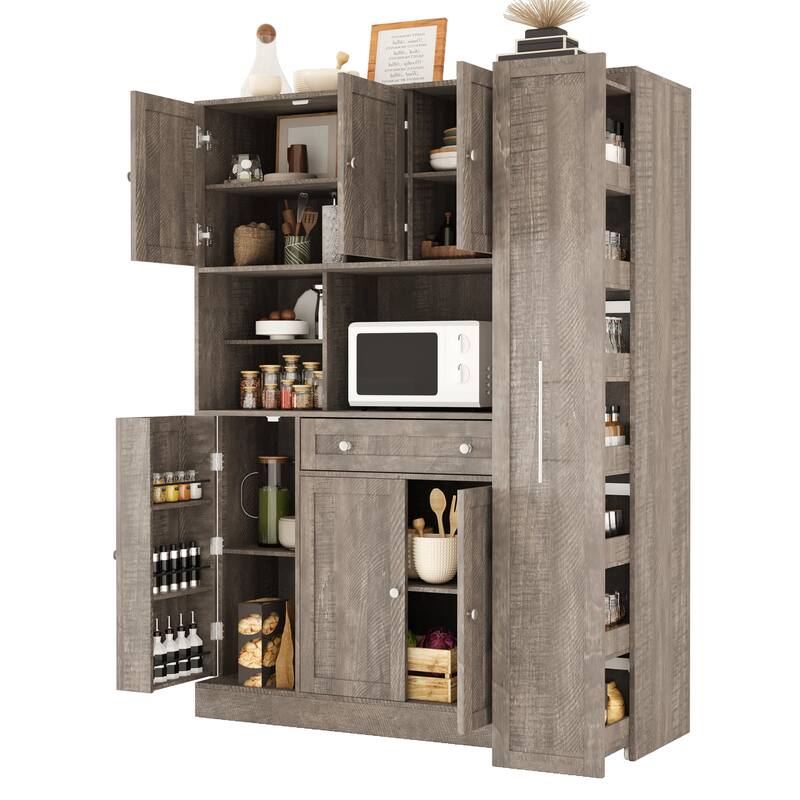 Roomfitters Traditional Buffet with Hutch, 52.8" Freestanding Kitchen Pantry Cabinet with Pull-Out Side Cabinet and Storage