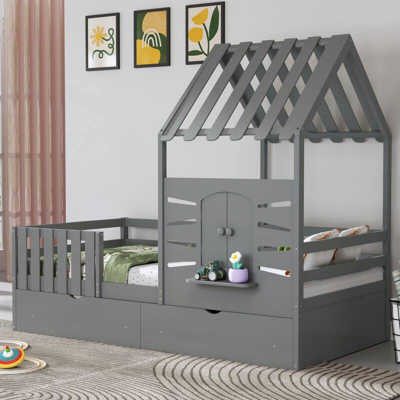 Twin Size House Bed with Guardrails, Storage Drawers, Roof, and Window Design