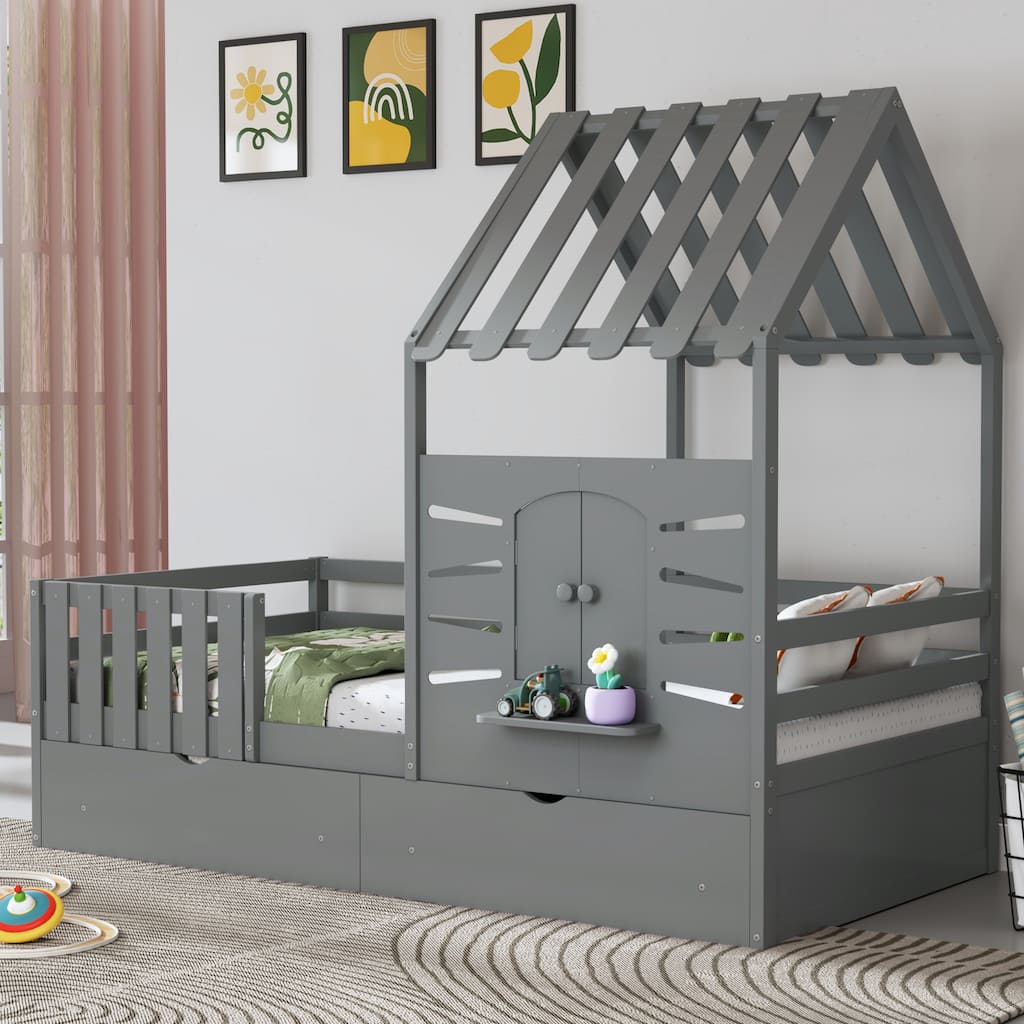 Wooden Slat Roof Platform Bed Guardrails House Bed Frame with 2 Storage Drawers, Kids Playhouse Bed Small Window & Shelves