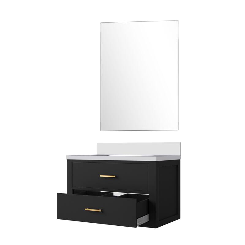 Black Bath Vanity 30" W x 22" D, Cultured Marble Countertop, Soft Close Cabinet, and 28" Frameless Mirror