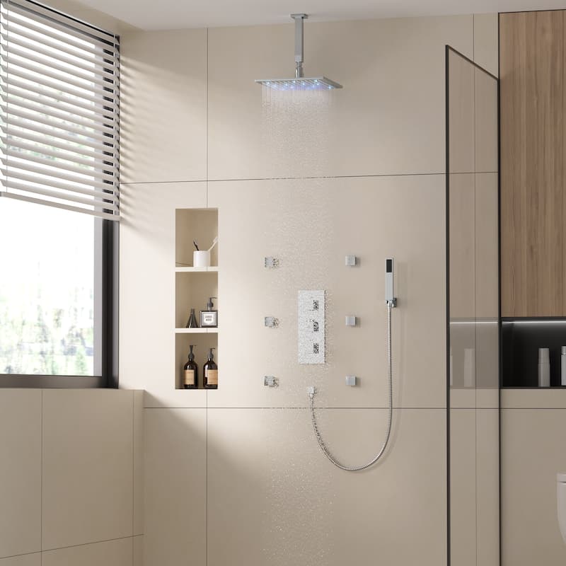 Celling 12 inch LED 3 Function Thermostatic Shower System with 6 Body Jets