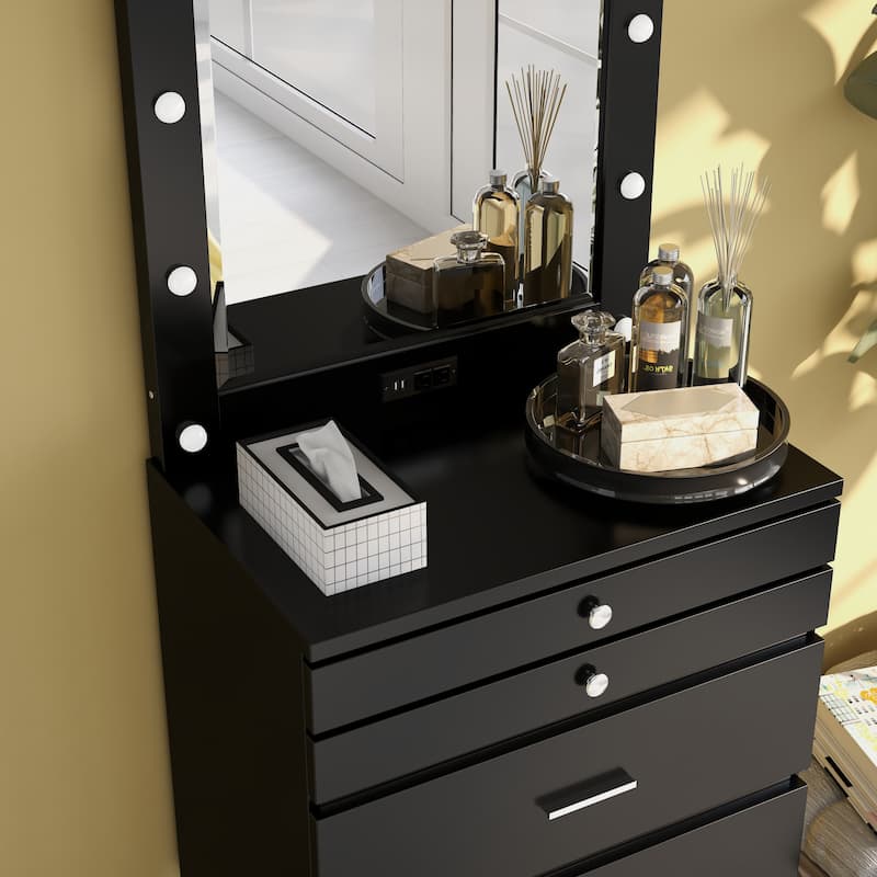 Furniture of America Mary Hollywood Glam Makeup Vanity Chest and Mirror with USBs & Outlets