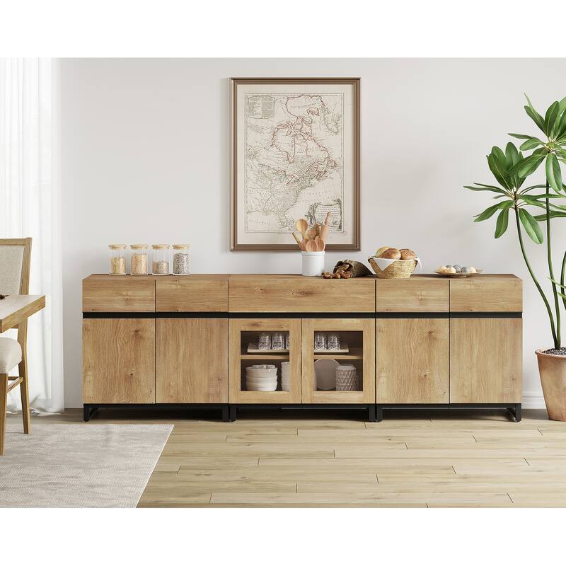 WAMPAT Modern Sideboard with Adjustable Shelves and Drawer, 3 in 1 Storage Cabinet with Glass Doors for Living Room, Kitchen