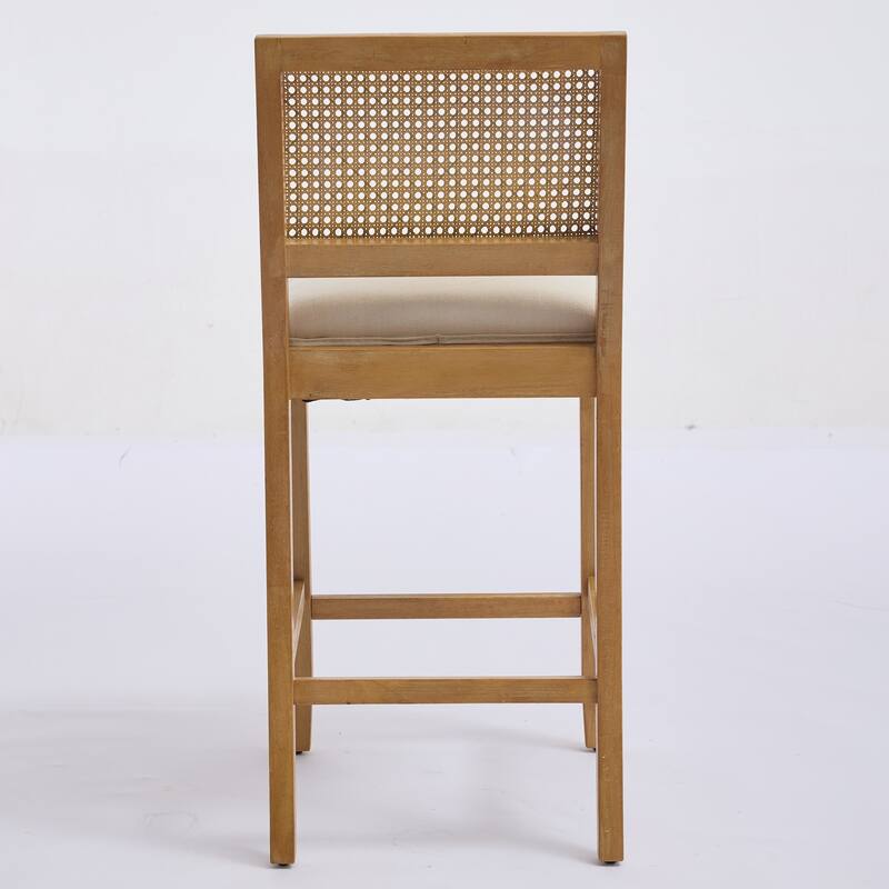 Full Solid Wood Rattan-Back Bar Stool, Matte Linen Cushion with High-Resilience Foam & S-Springs,Set of 2