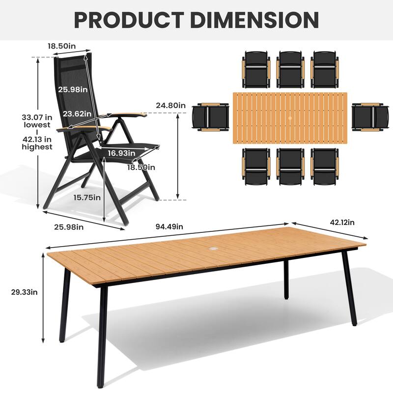 7/9-Piece Outdoor Aluminum Patio Dining Set Adjustable Folding Chairs and Dining Table with Umbrella Hole