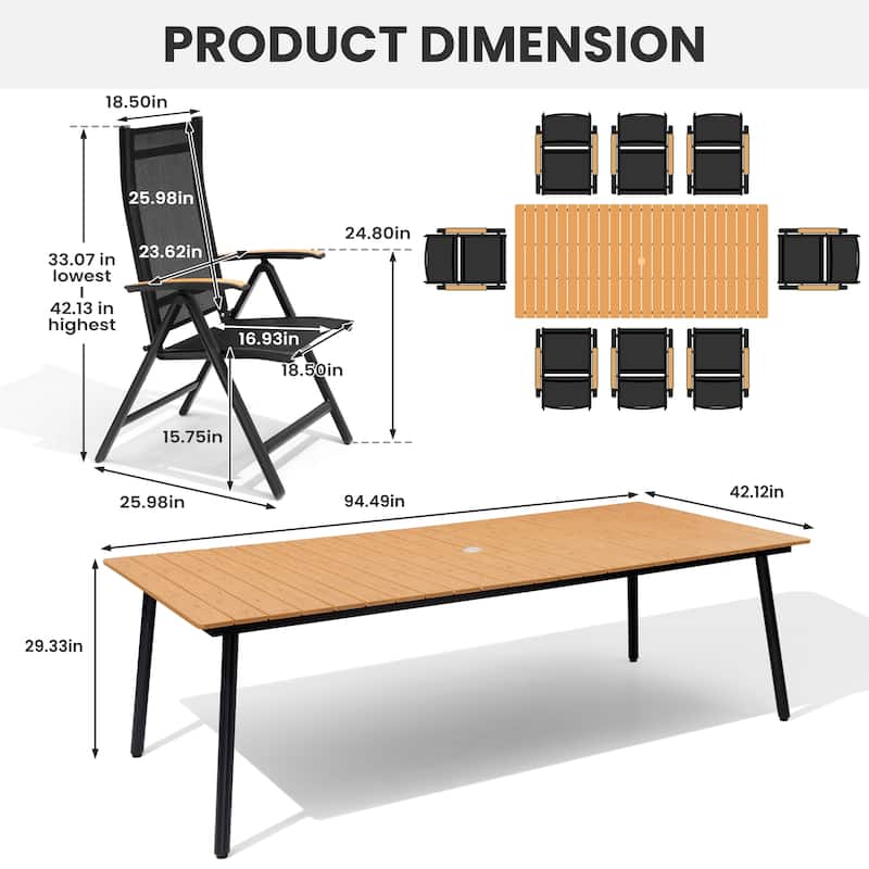 9-Piece Set Outdoor Aluminum Dining Table and Foldable Adjustable Dining Chairs