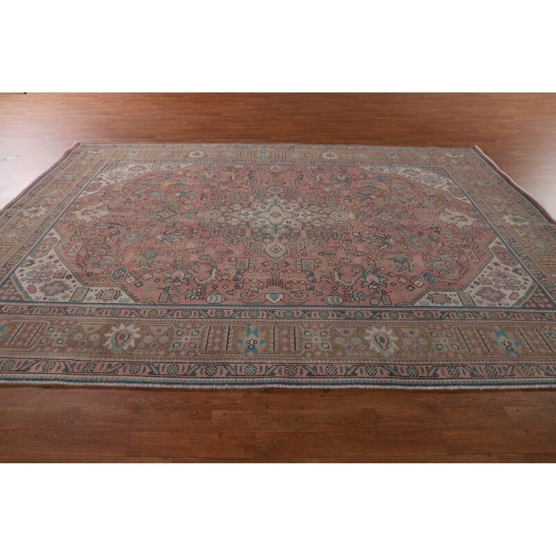 Pink Geometric Tabriz Persian Vintage Area Rug Handmade Wool Carpet - 7'10" x 11'0"