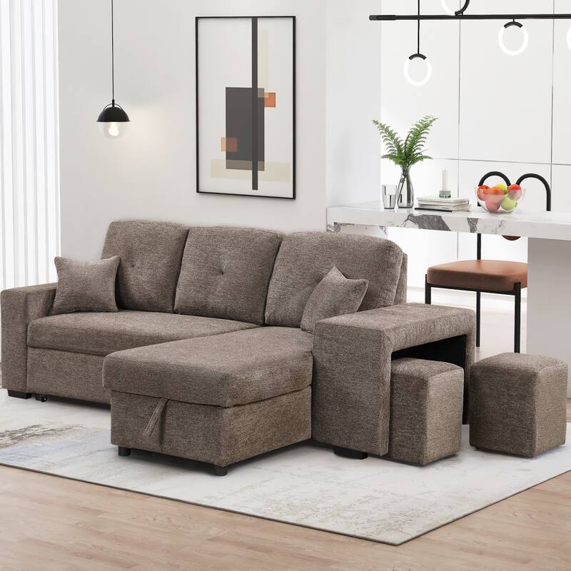 95" Pull-Out Sleeper Sofa w/ Side Shelf & 2 Stools, Storage Chaise - Knox Charcoal