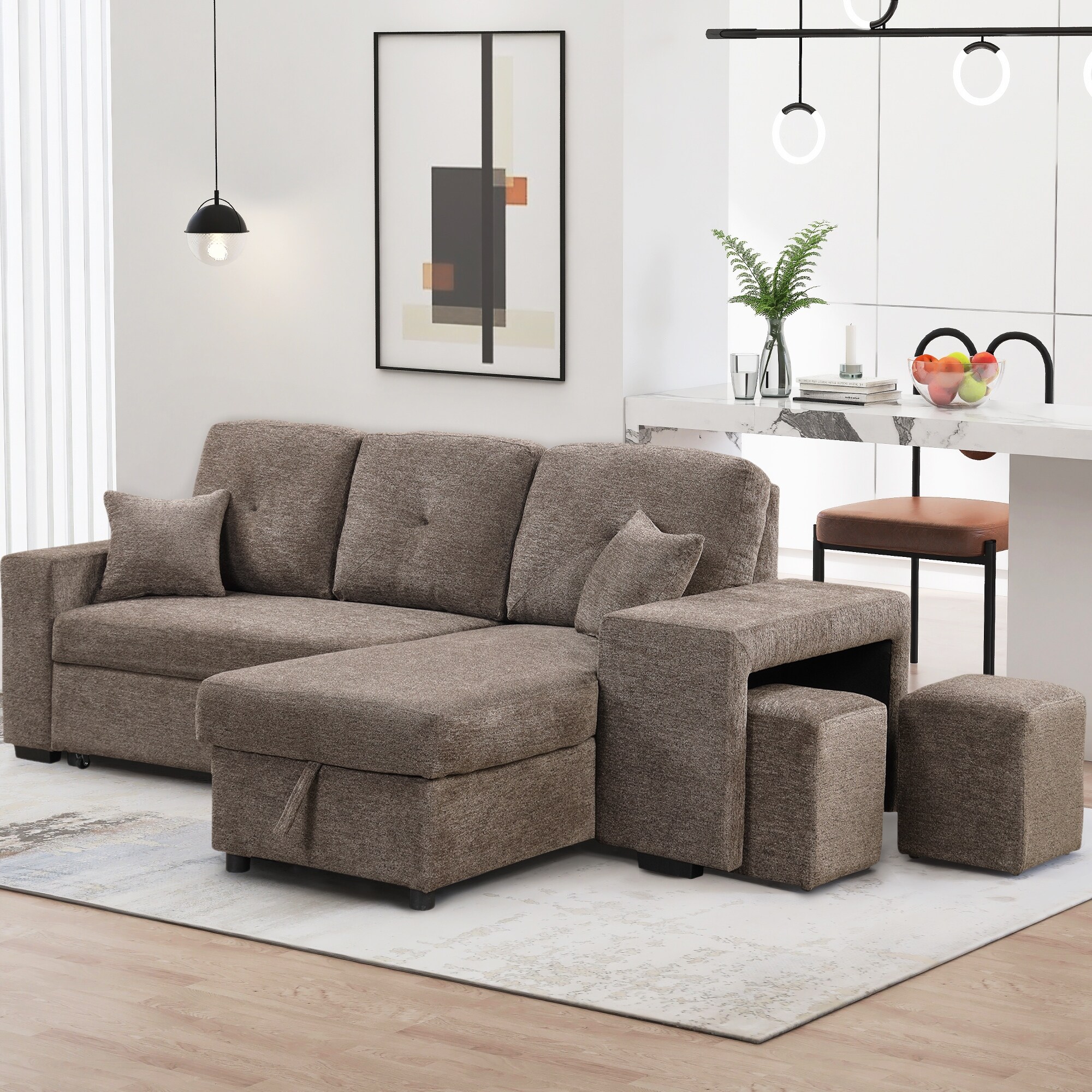 Pull Out Sectional Sofa Bed L shape Sleeper Couch Bed with Storage Chaise Side Shelf 2 Stools for Livingroom Left Right Hand Bed Bath Beyond 38371981