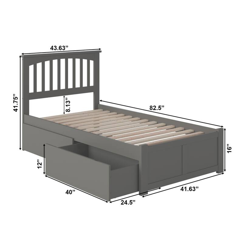 Mission Twin XL Platform Bed with Footboard and 2 Drawers in Grey