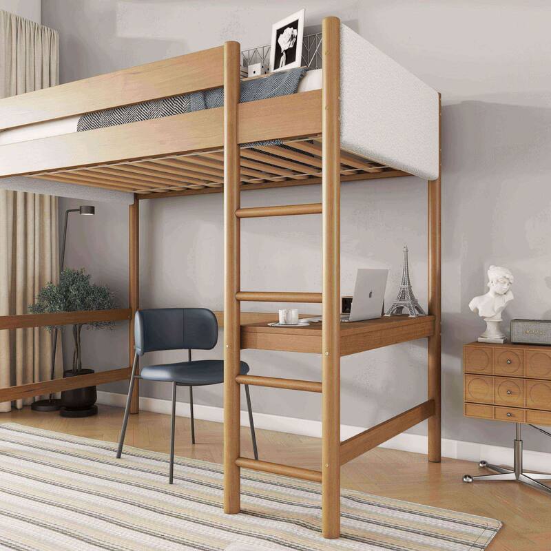 Twin Size Loft Bed with Built-in Desk, Upholstered Headboard & Footboard, Solid Rubber Wood Frame with Guardrails & Ladder