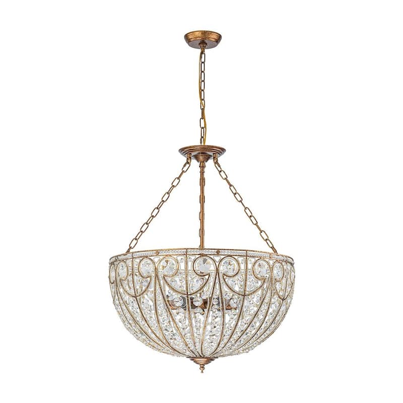 Spanish Antique Gold Bronze Crystal Accented Basket Cage Chandelier