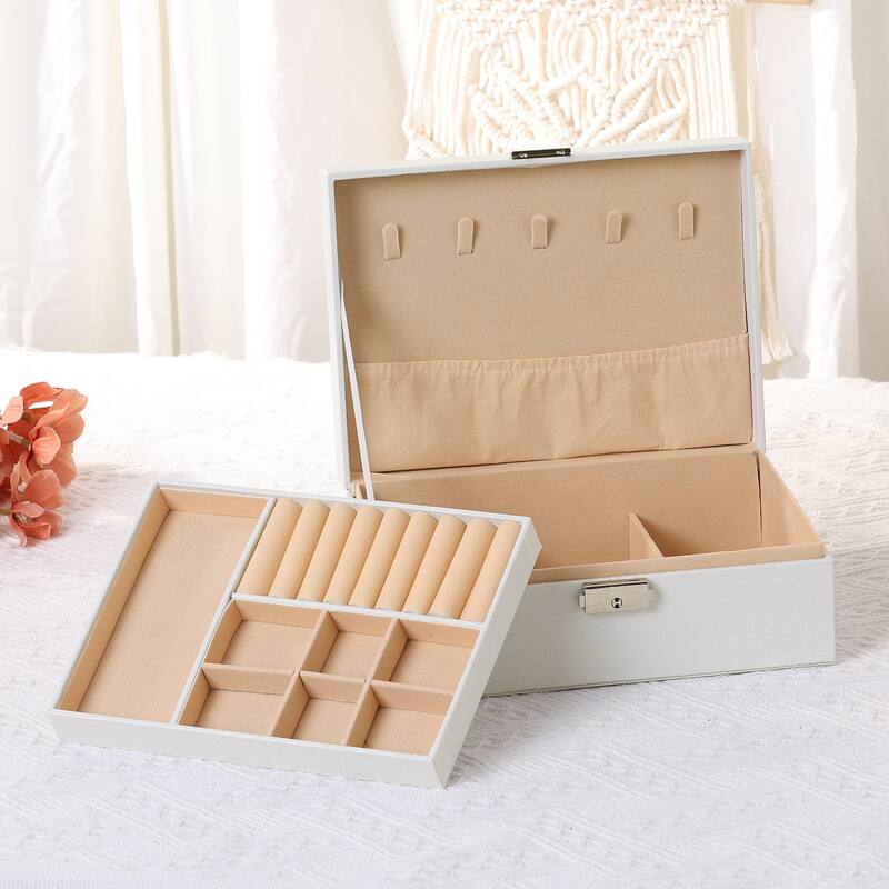 2 Layer Jewelry Box for Women Girls Birthday Gifts, PU Leather Jewelry Organizer Case Storage with Drawer - 23x17x9cm