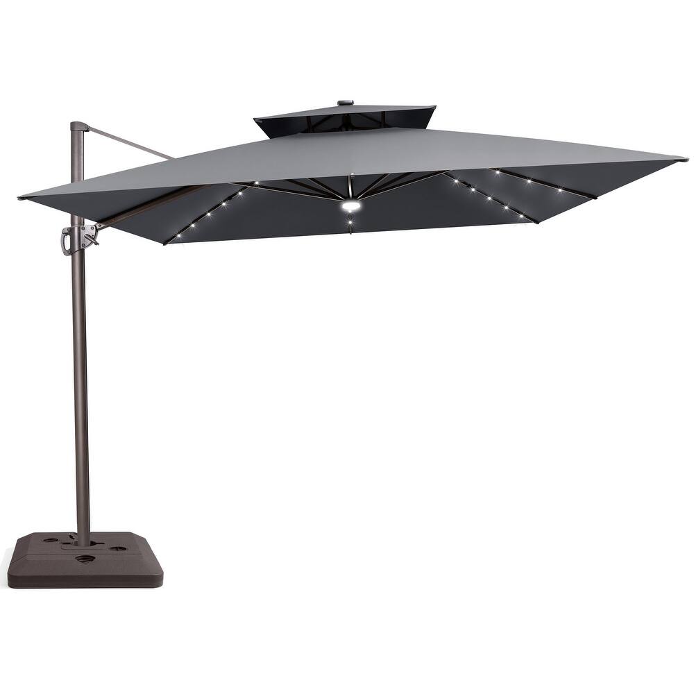 11 FT Outdoor Square Solar Powered LED Double Top Patio Cantilever Umbrella with Base Stand