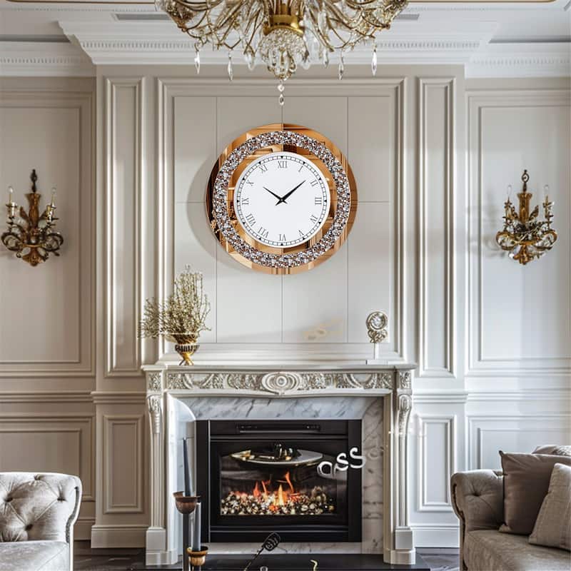 Round Mirror Clock Tinted Crushed Diamond Mirrored Wall Clock - 24"x1.8"x24"