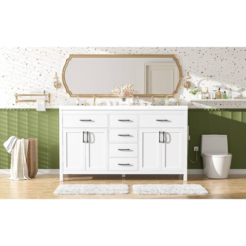 59.3"Bathroom Vanity with Solid Wood Frame, Double SMC Sink, Damping Hinges & Hidden Slides, 4 Doors, 3 Drawers, 2 Flip Drawers