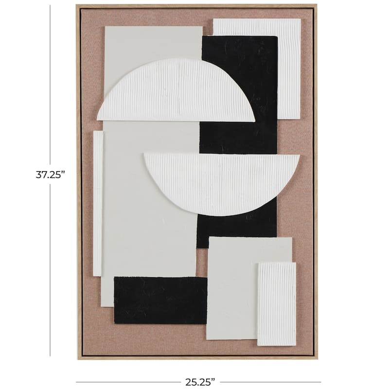 Brown Wooden Textured Geometric Framed Wall Art with Abstract Black and White Shapes and Fabric Backing