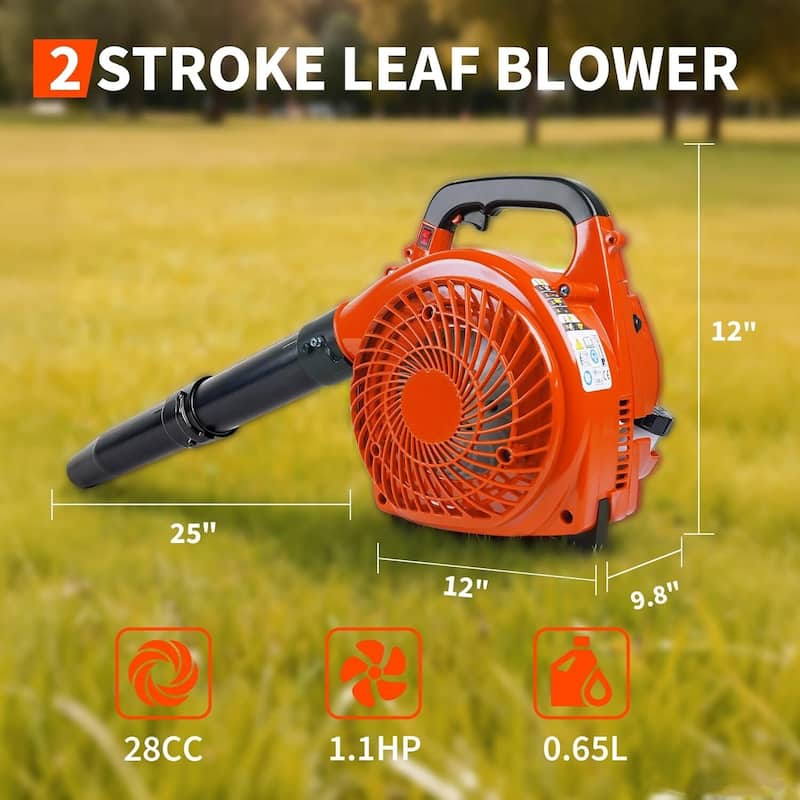 28cc 2-Stroke 1.1 HP, 490 CFM, 280 MPH Handheld Gas Powered Leaf Blower for Effortless Lawn & Leaf Cleanup - N/A